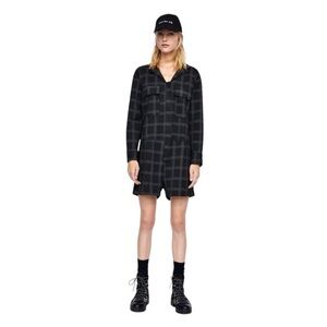 🌻ZARA Black Plaid Zip-Up Long Sleeve Shirt-Dress Romper Jumpsuit Size Medium
